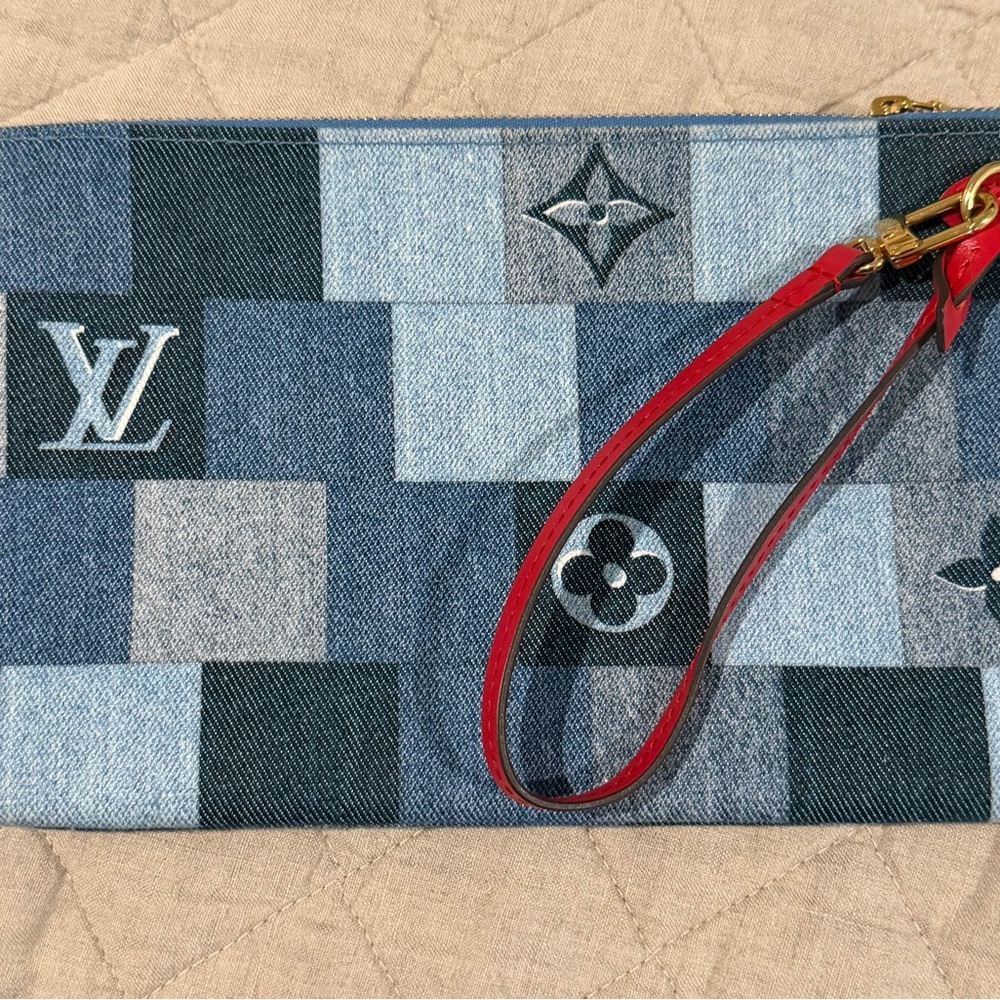 Louis Vuitton Denim Patchwork Clutch with Red Strap